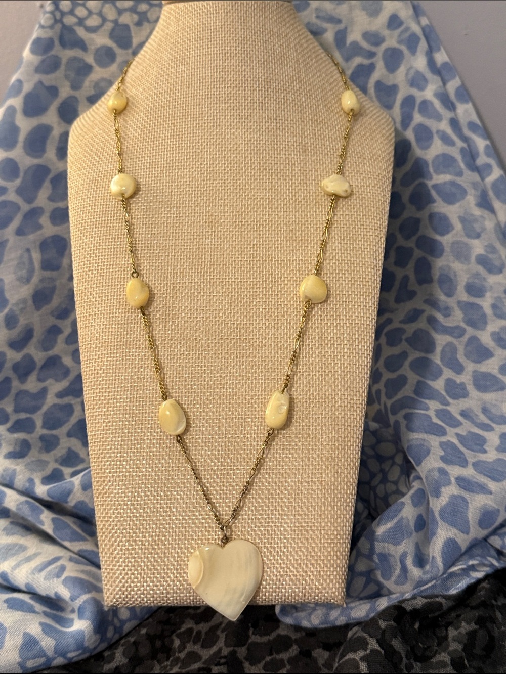 Heart Pendant Long Necklace in Cream and Gold